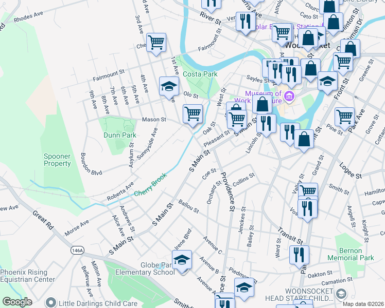 map of restaurants, bars, coffee shops, grocery stores, and more near 409 South Main Street in Woonsocket