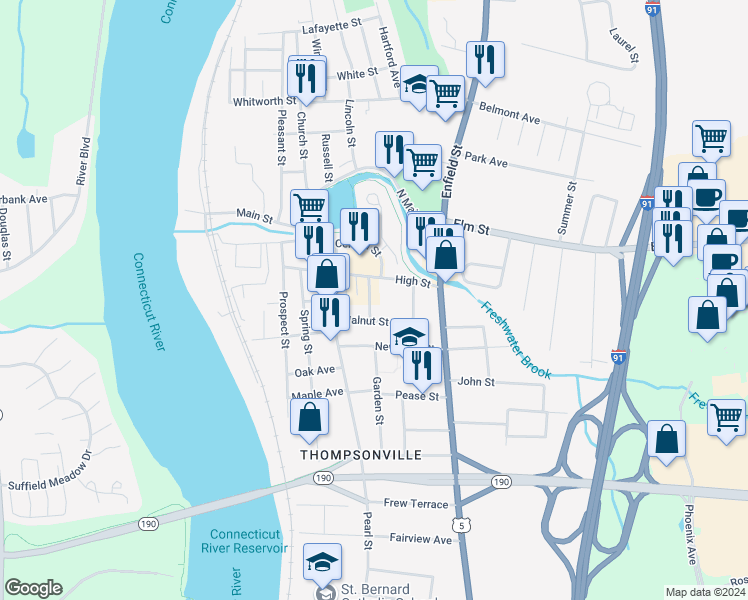 map of restaurants, bars, coffee shops, grocery stores, and more near 41 Walnut Street in Enfield