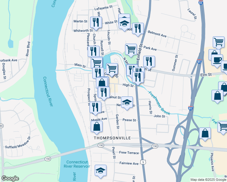 map of restaurants, bars, coffee shops, grocery stores, and more near 41 Walnut Street in Enfield