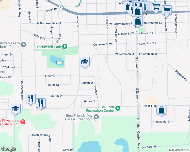 map of restaurants, bars, coffee shops, grocery stores, and more near 700 Waskin Drive in Tecumseh