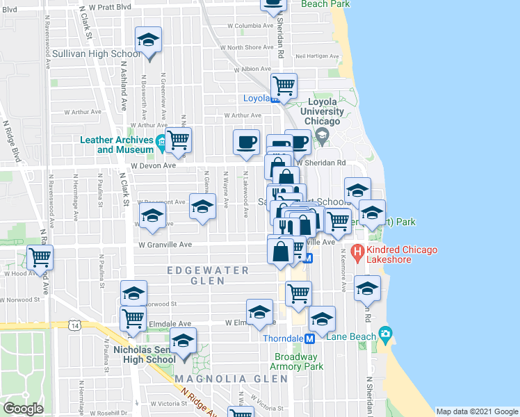 map of restaurants, bars, coffee shops, grocery stores, and more near 6231 North Magnolia Avenue in Chicago