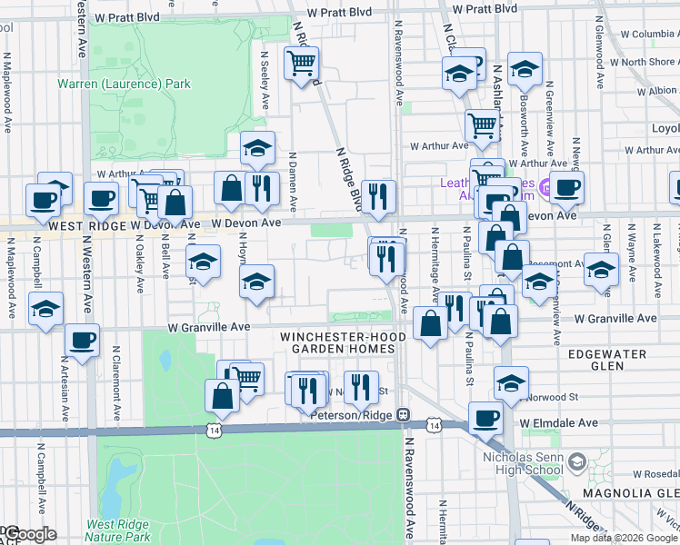 map of restaurants, bars, coffee shops, grocery stores, and more near 1855-1999 West Thome Avenue in Chicago