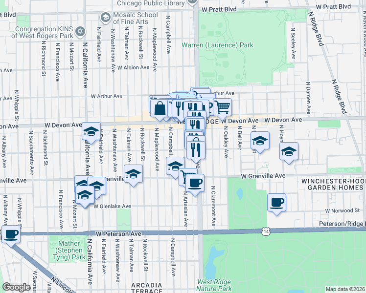 map of restaurants, bars, coffee shops, grocery stores, and more near in Chicago
