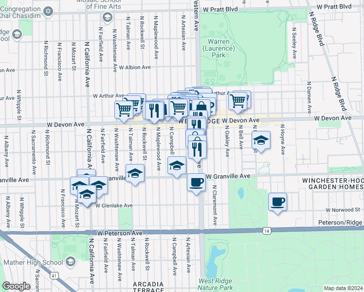 map of restaurants, bars, coffee shops, grocery stores, and more near in Chicago