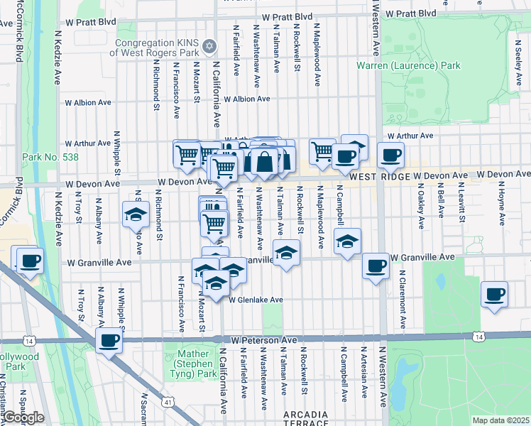 map of restaurants, bars, coffee shops, grocery stores, and more near 6250 North Washtenaw Avenue in Chicago