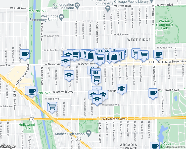 map of restaurants, bars, coffee shops, grocery stores, and more near 6257 North Mozart Street in Chicago