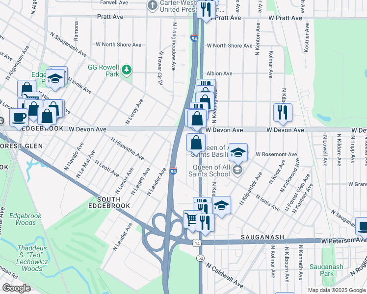 map of restaurants, bars, coffee shops, grocery stores, and more near 6246 North La Crosse Avenue in Chicago