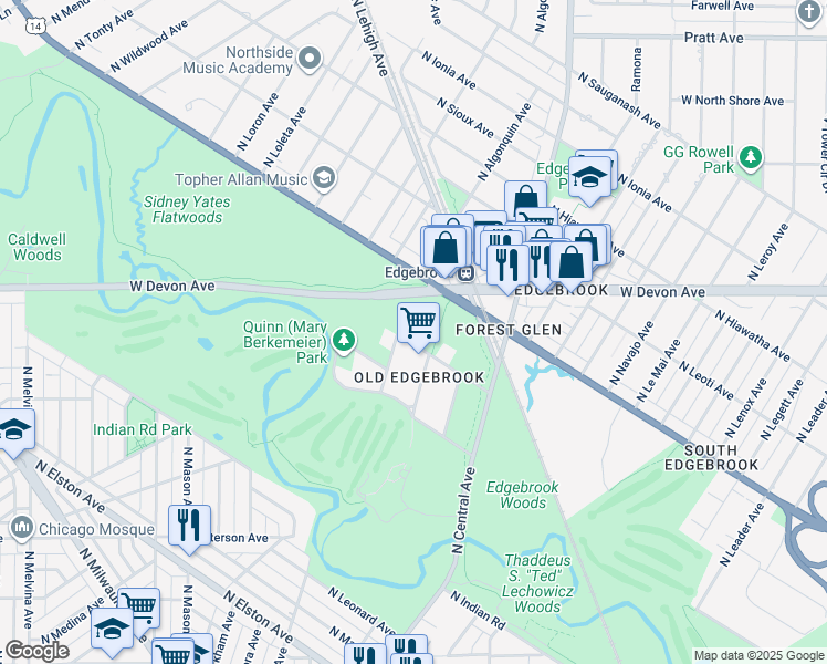 map of restaurants, bars, coffee shops, grocery stores, and more near 6312 North Louise Avenue in Chicago