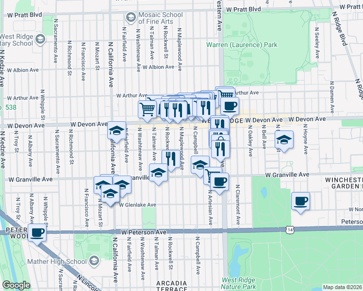 map of restaurants, bars, coffee shops, grocery stores, and more near 2436 West Rosemont Avenue in Chicago