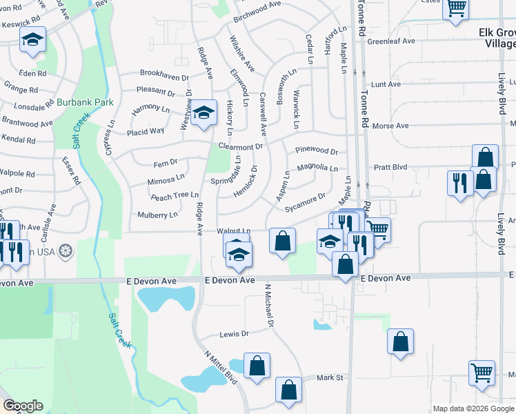 map of restaurants, bars, coffee shops, grocery stores, and more near 1284 Aspen Lane in Elk Grove Village