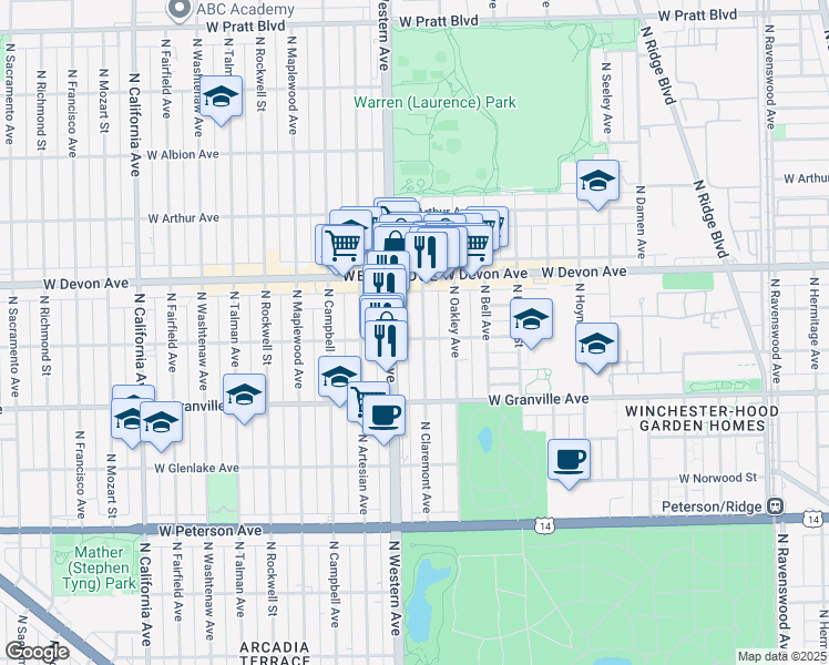 map of restaurants, bars, coffee shops, grocery stores, and more near 6300 North Claremont Avenue in Chicago