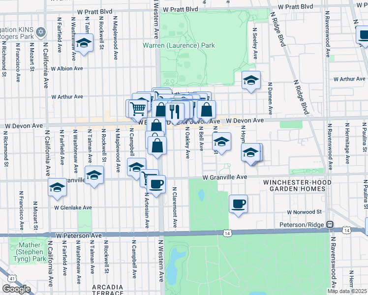 map of restaurants, bars, coffee shops, grocery stores, and more near 6245 North Oakley Avenue in Chicago