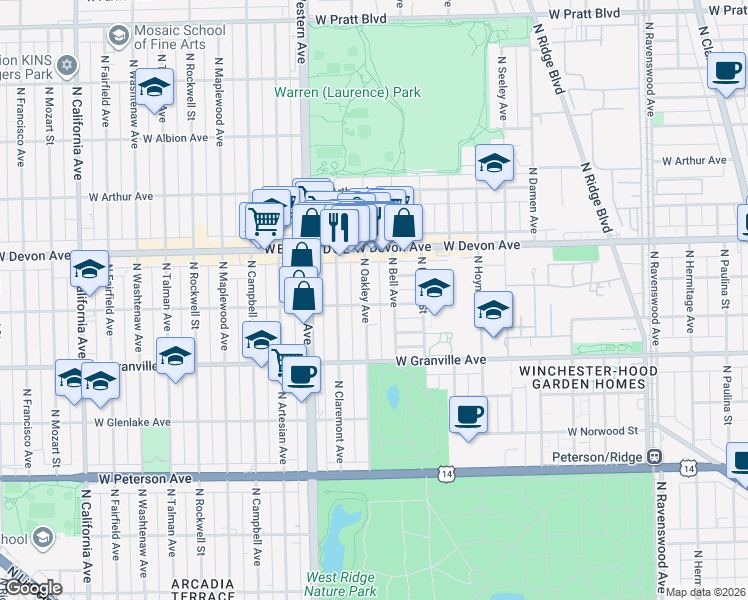 map of restaurants, bars, coffee shops, grocery stores, and more near 6245 North Oakley Avenue in Chicago