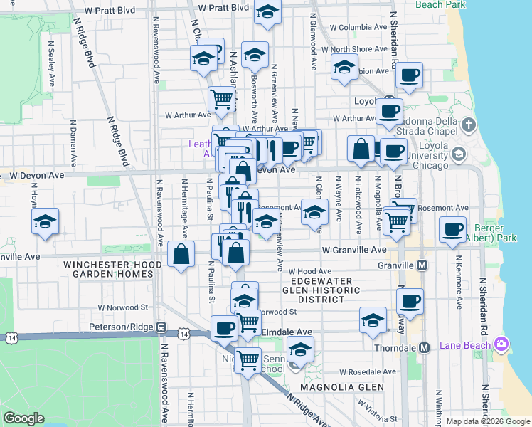 map of restaurants, bars, coffee shops, grocery stores, and more near 1532 West Thome Avenue in Chicago