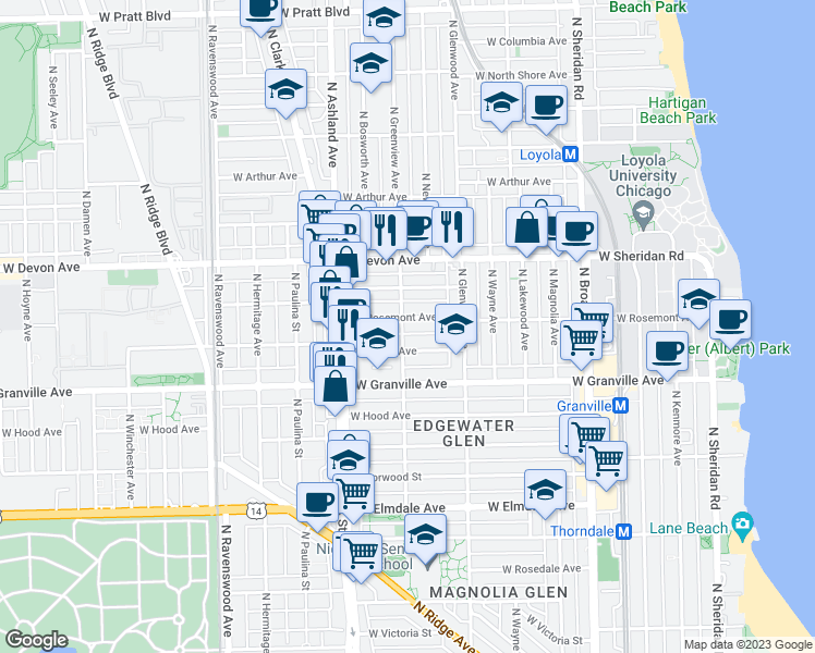 map of restaurants, bars, coffee shops, grocery stores, and more near 6257 North Greenview Avenue in Chicago