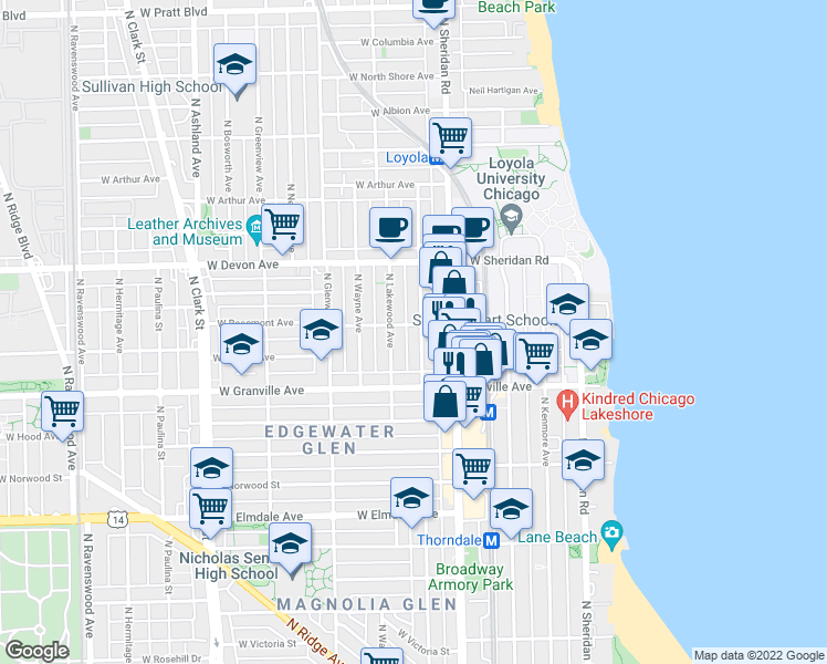 map of restaurants, bars, coffee shops, grocery stores, and more near 6231 North Magnolia Avenue in Chicago