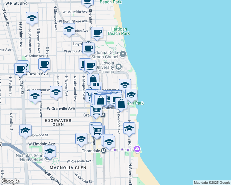 map of restaurants, bars, coffee shops, grocery stores, and more near 6230 North Kenmore Avenue in Chicago