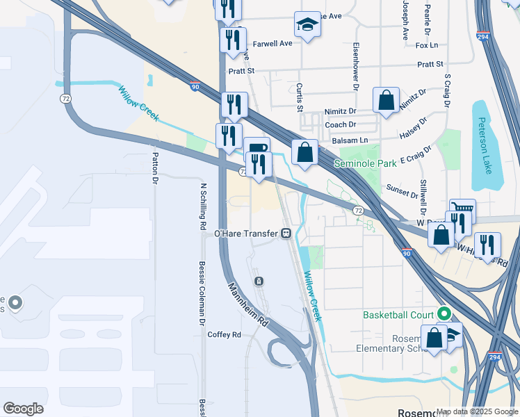 map of restaurants, bars, coffee shops, grocery stores, and more near 10255 West Higgins Road in Rosemont