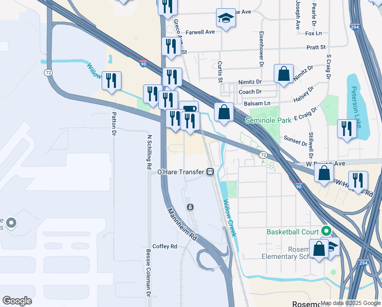 map of restaurants, bars, coffee shops, grocery stores, and more near 10255 West Higgins Road in Rosemont