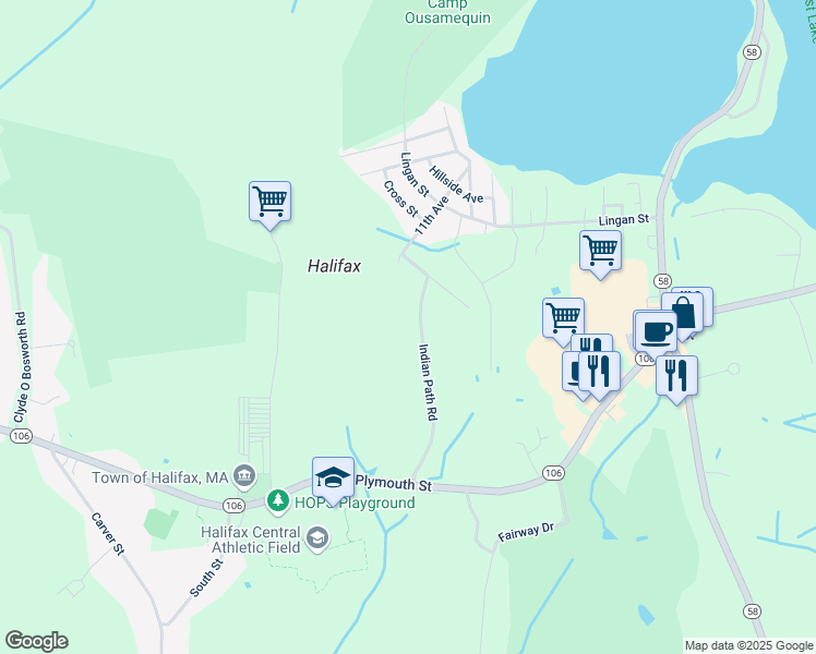 map of restaurants, bars, coffee shops, grocery stores, and more near 48 Indian Path Road in Halifax