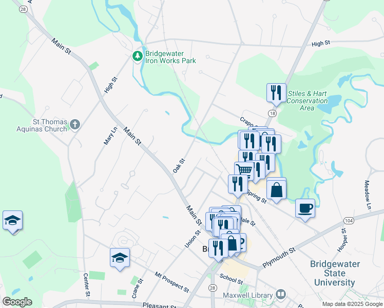map of restaurants, bars, coffee shops, grocery stores, and more near 43 Oak Street in Bridgewater
