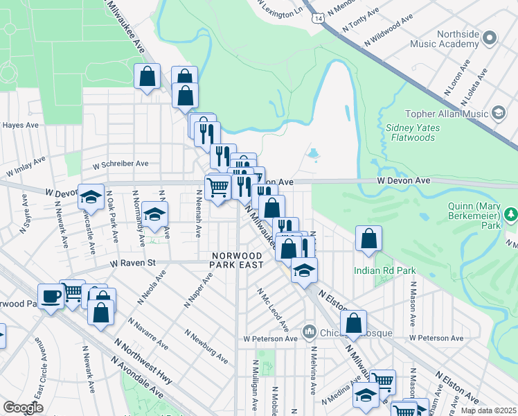 map of restaurants, bars, coffee shops, grocery stores, and more near 6333 North Milwaukee Avenue in Chicago