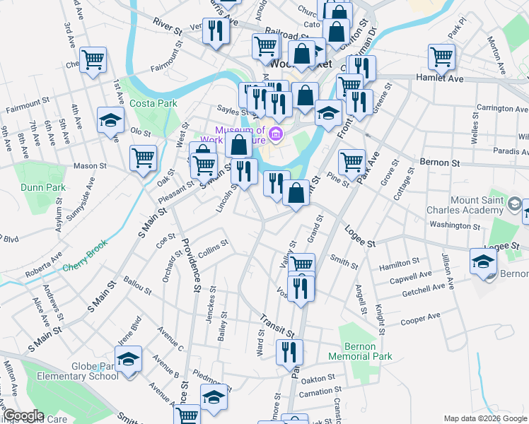 map of restaurants, bars, coffee shops, grocery stores, and more near 10 Transit Street in Woonsocket