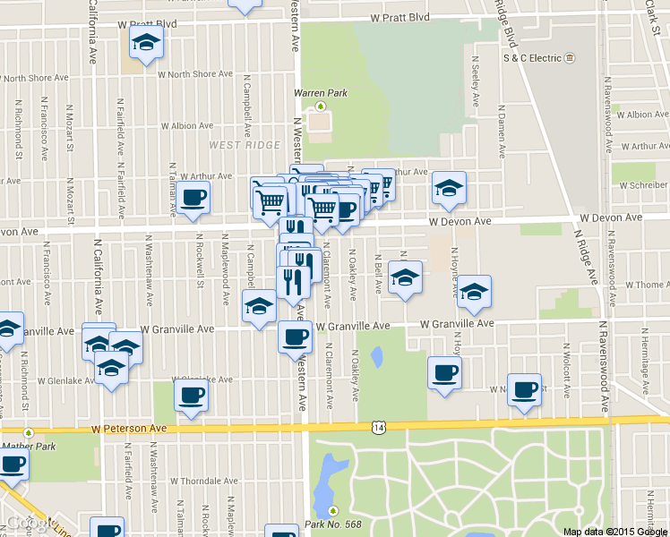 map of restaurants, bars, coffee shops, grocery stores, and more near 6245 North Claremont Avenue in Chicago