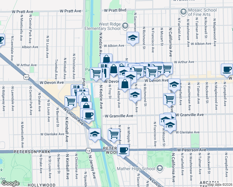 map of restaurants, bars, coffee shops, grocery stores, and more near 6316 North Albany Avenue in Chicago