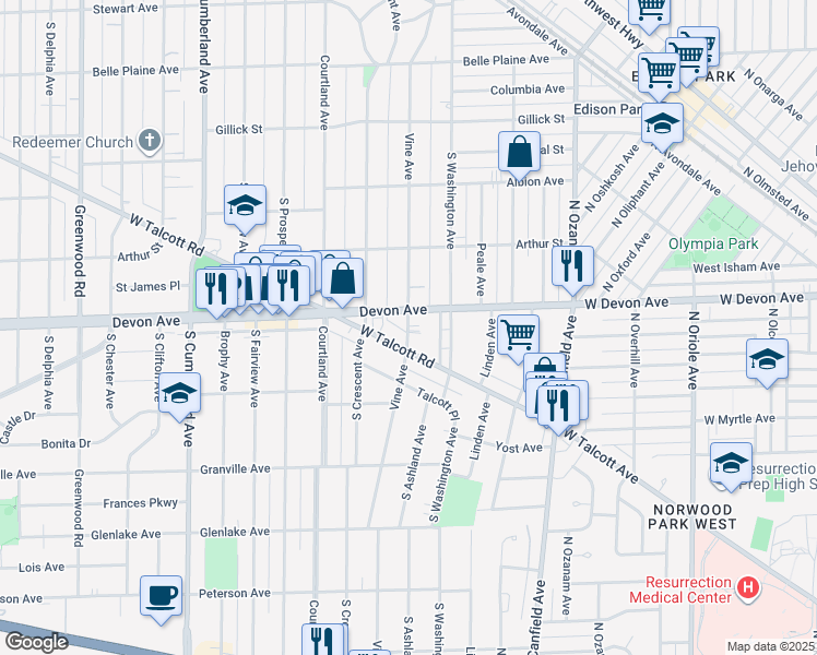 map of restaurants, bars, coffee shops, grocery stores, and more near in Park Ridge