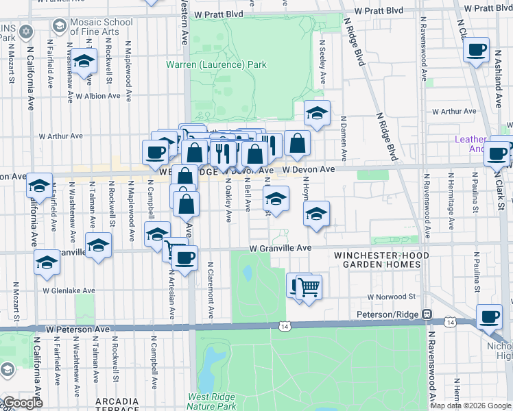 map of restaurants, bars, coffee shops, grocery stores, and more near 2214 West Rosemont Avenue in Chicago
