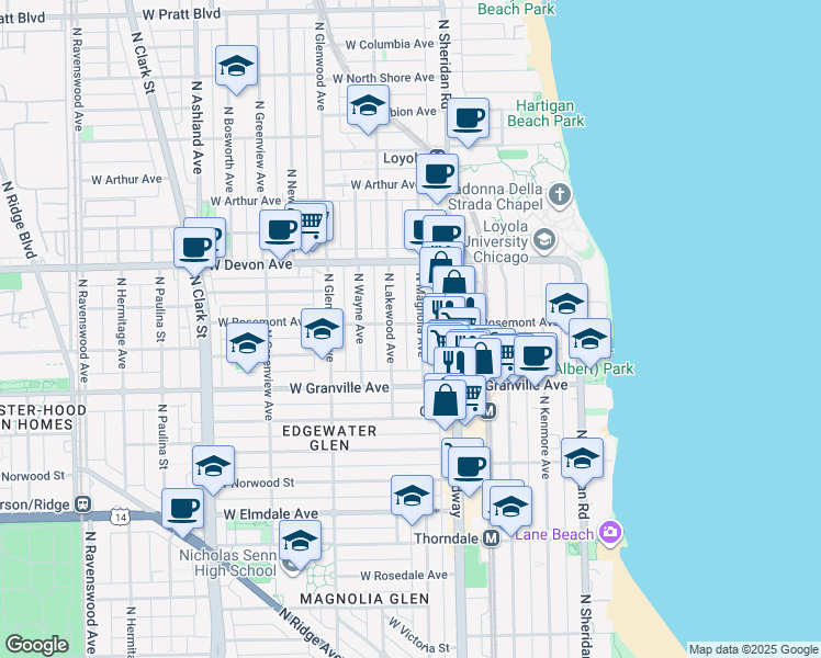 map of restaurants, bars, coffee shops, grocery stores, and more near 6231 North Magnolia Avenue in Chicago