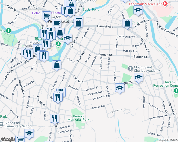 map of restaurants, bars, coffee shops, grocery stores, and more near 232 Cottage Street in Woonsocket