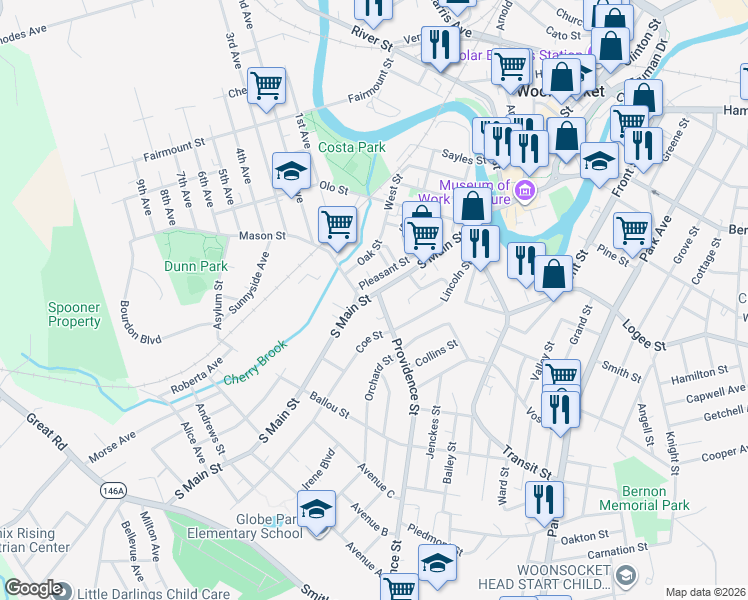 map of restaurants, bars, coffee shops, grocery stores, and more near 17 Coe Street in Woonsocket