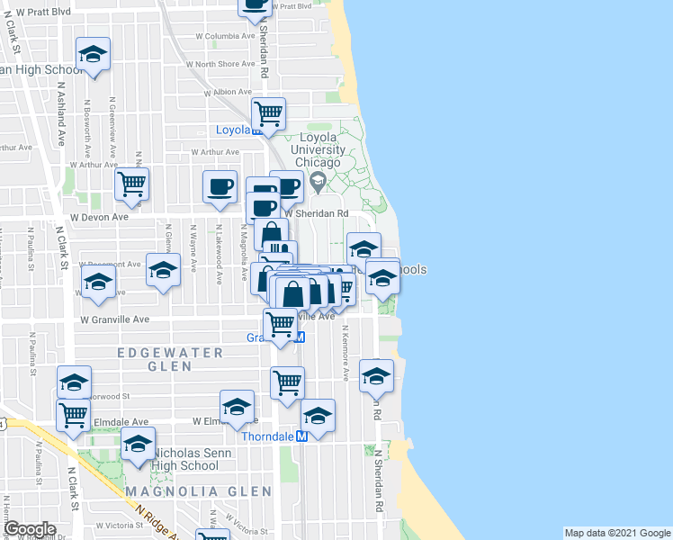 map of restaurants, bars, coffee shops, grocery stores, and more near 6230 North Kenmore Avenue in Chicago