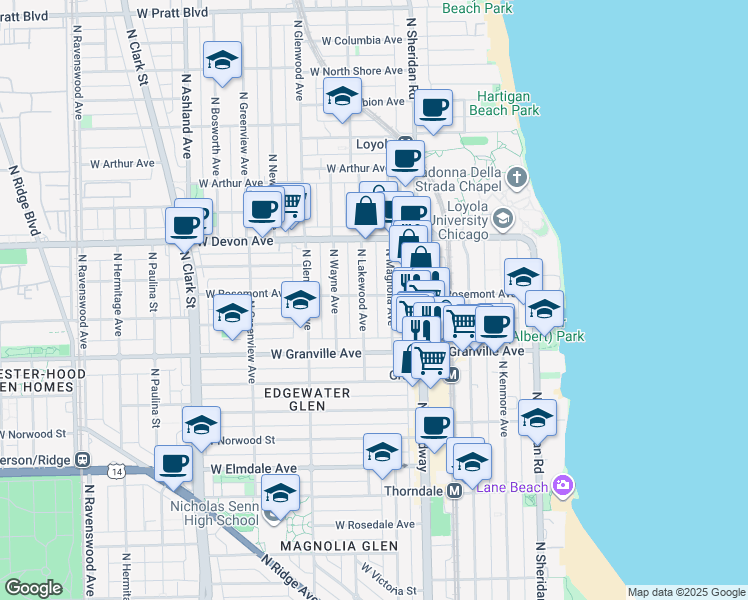 map of restaurants, bars, coffee shops, grocery stores, and more near 6234 North Lakewood Avenue in Chicago