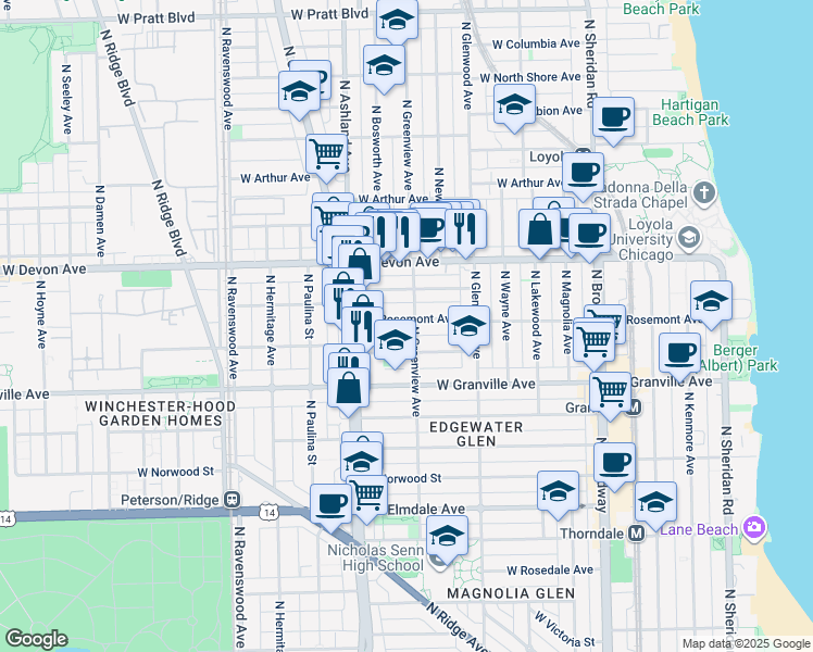 map of restaurants, bars, coffee shops, grocery stores, and more near 1454 West Thome Avenue in Chicago