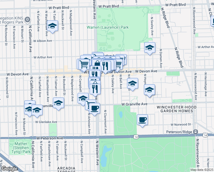 map of restaurants, bars, coffee shops, grocery stores, and more near 6245 North Claremont Avenue in Chicago