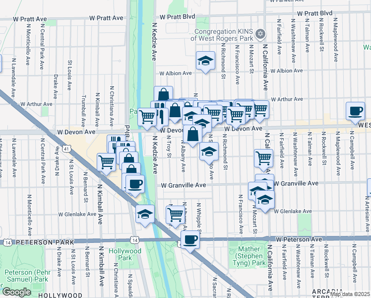 map of restaurants, bars, coffee shops, grocery stores, and more near 6253 North Albany Avenue in Chicago