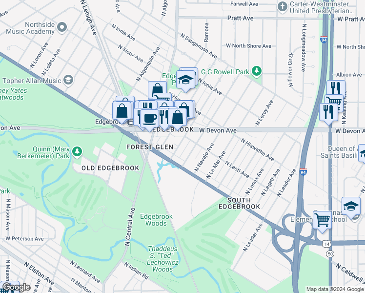 map of restaurants, bars, coffee shops, grocery stores, and more near 6267 North Caldwell Avenue in Chicago