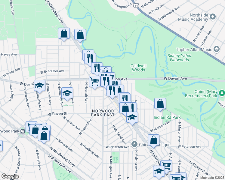 map of restaurants, bars, coffee shops, grocery stores, and more near 6309 North Milwaukee Avenue in Chicago