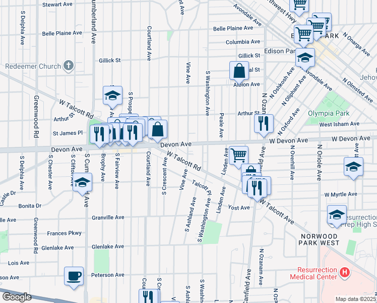 map of restaurants, bars, coffee shops, grocery stores, and more near in Park Ridge