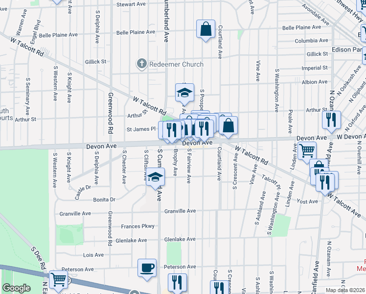 map of restaurants, bars, coffee shops, grocery stores, and more near 1224 South Fairview Avenue in Park Ridge