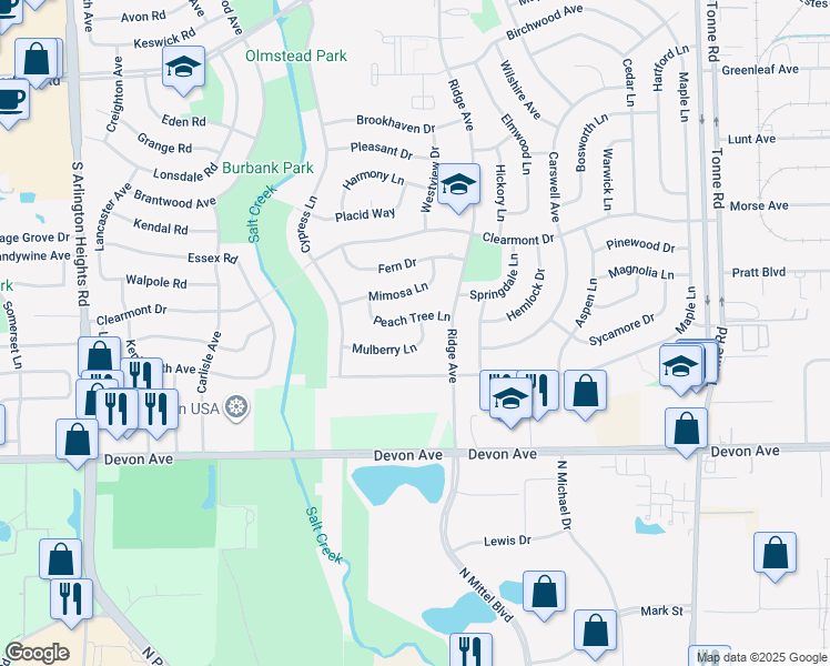 map of restaurants, bars, coffee shops, grocery stores, and more near 260 Mulberry Lane in Elk Grove Village