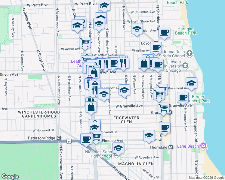 map of restaurants, bars, coffee shops, grocery stores, and more near 1453 West Rosemont Avenue in Chicago