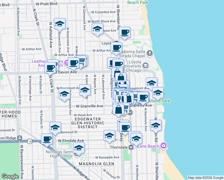 map of restaurants, bars, coffee shops, grocery stores, and more near 1224 West Rosemont Avenue in Chicago