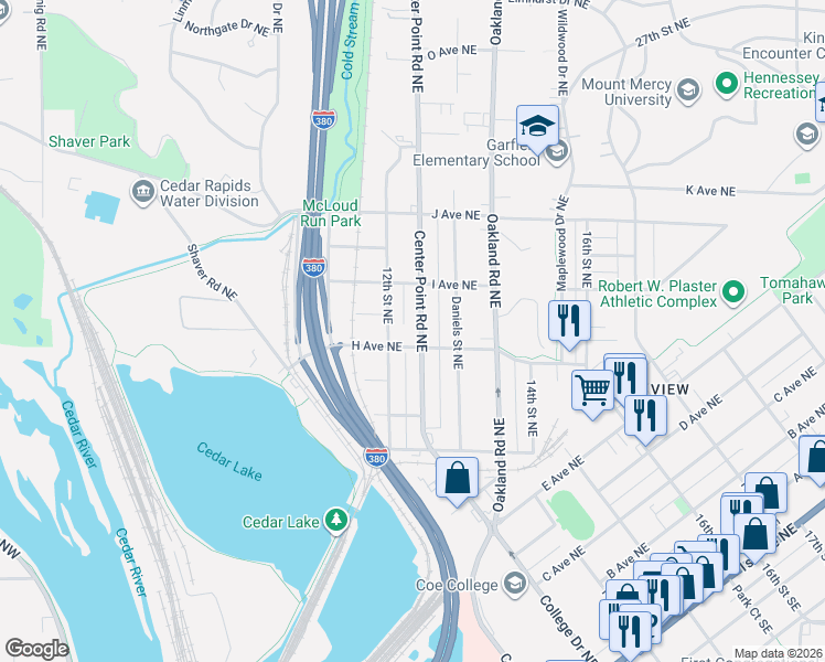 map of restaurants, bars, coffee shops, grocery stores, and more near 890 12th Street Northeast in Cedar Rapids