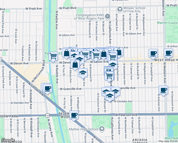 map of restaurants, bars, coffee shops, grocery stores, and more near 6312 North Richmond Street in Chicago