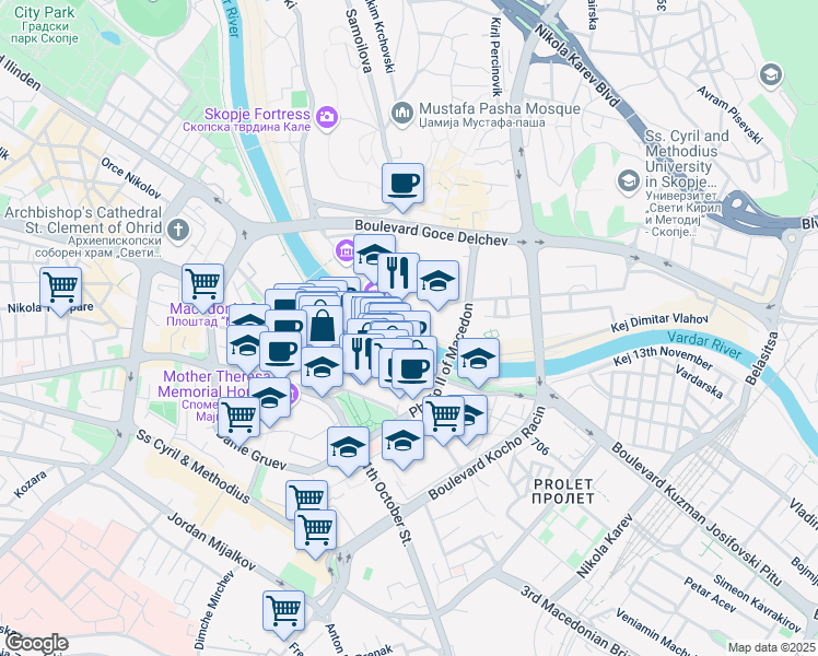 map of restaurants, bars, coffee shops, grocery stores, and more near Kej Dimitar Vlahov in Skopje