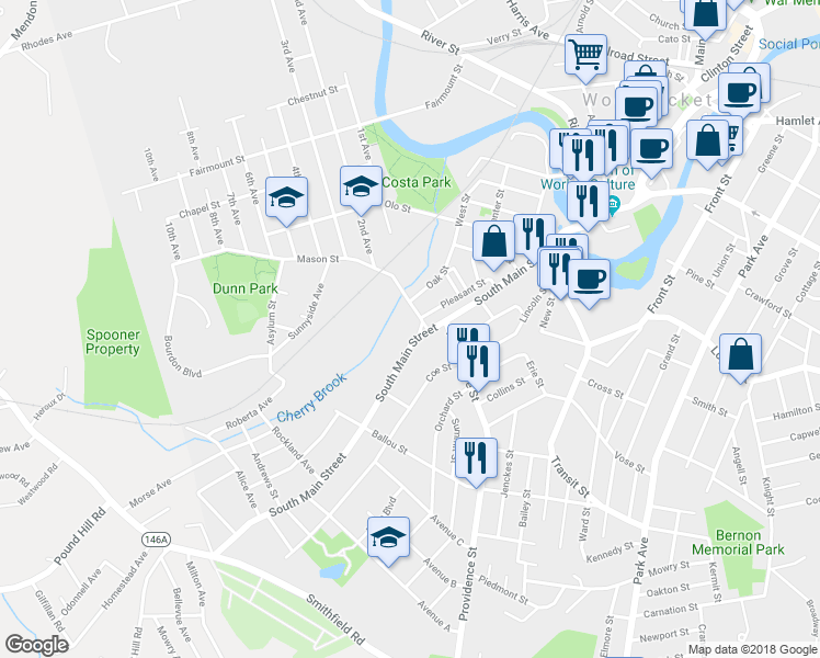 map of restaurants, bars, coffee shops, grocery stores, and more near 383 South Main Street in Woonsocket